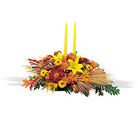 Bountiful Centerpiece with Tapers from Maplehurst Florist, local flower shop in Essex Junction
