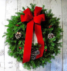 Wreath with Red Velvet Bow from Maplehurst Florist, local flower shop in Essex Junction